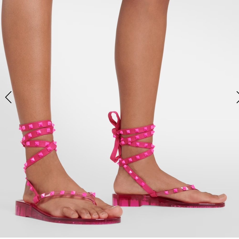 VALENTINO Rockstud PVC Laced Thong Sandals Hot Pink - Picture 2 of 12